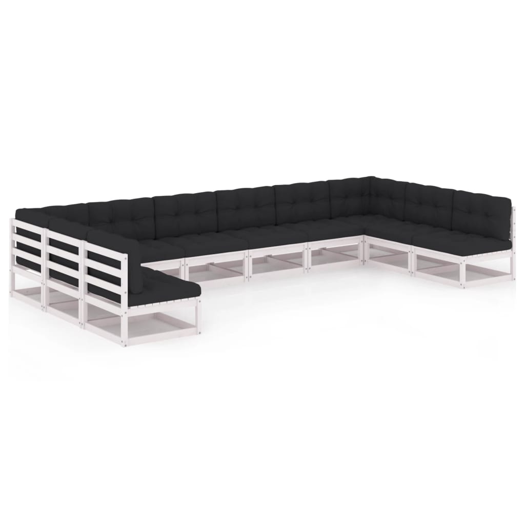 10-tlg. Garten-Lounge-Set mit Kissen Weiss Kiefer Massivholz